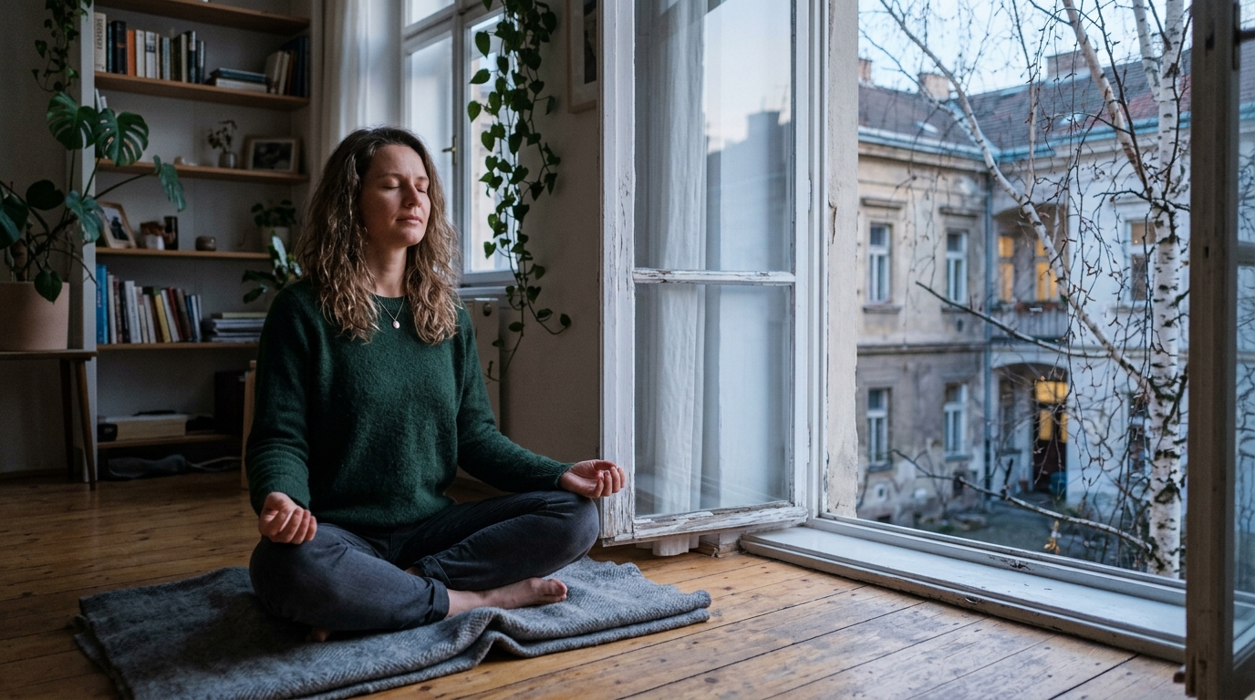 Žena v lněném pyžamu sedí na šedé deky u širokého okna brněnského bytu v měkkém ranním světle, vedle ní sklenice vody a otevřený zápisník s ručně kresleným vzorcem dechu.